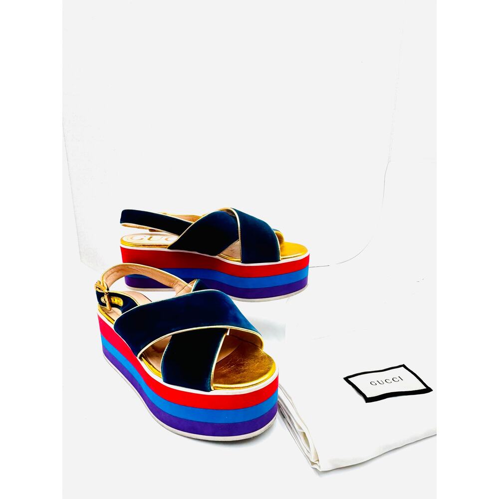 Gucci Peggy Blue Velvet Platform Sandals Crossover Strap EU 37.5 - Picture 4 of 9